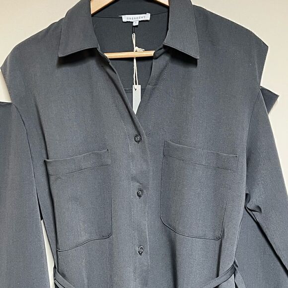 NWT CRESCENT shoulder slit Belted Button Charcoal Top Sz L - Picture 7 of 9